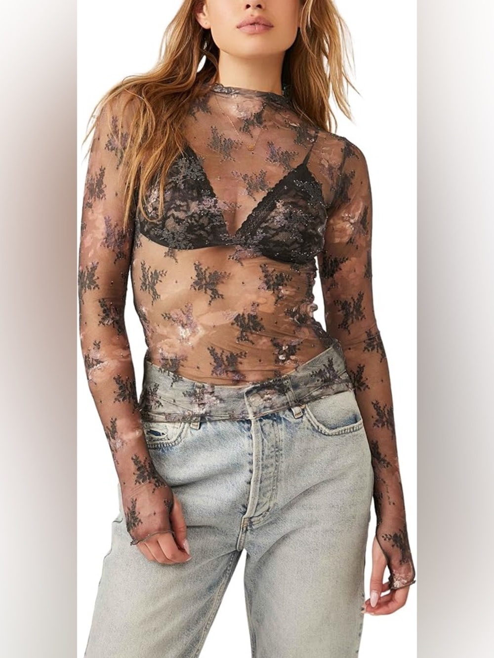 Free People Lady Lux Layering Sheer Black Floral Mesh Long-Sleeve Top M - Picture 3 of 8